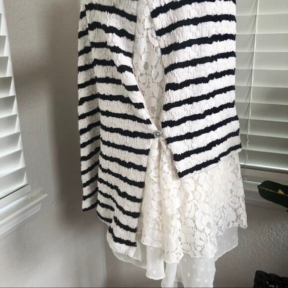Anthropologie Cardigan Small Black White Stripe Lace Hem Textured Open Front - Picture 6 of 10